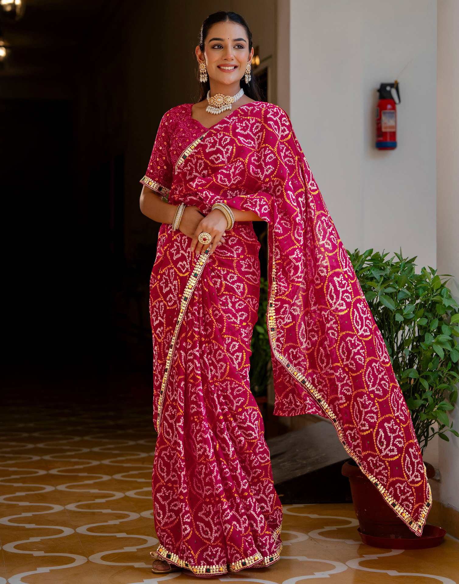 Pink Chiffon Bandhani Printed Lace Saree