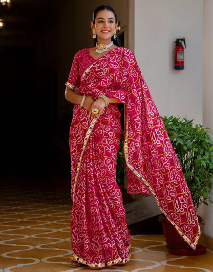 Pink Chiffon Bandhani Printed Lace Saree