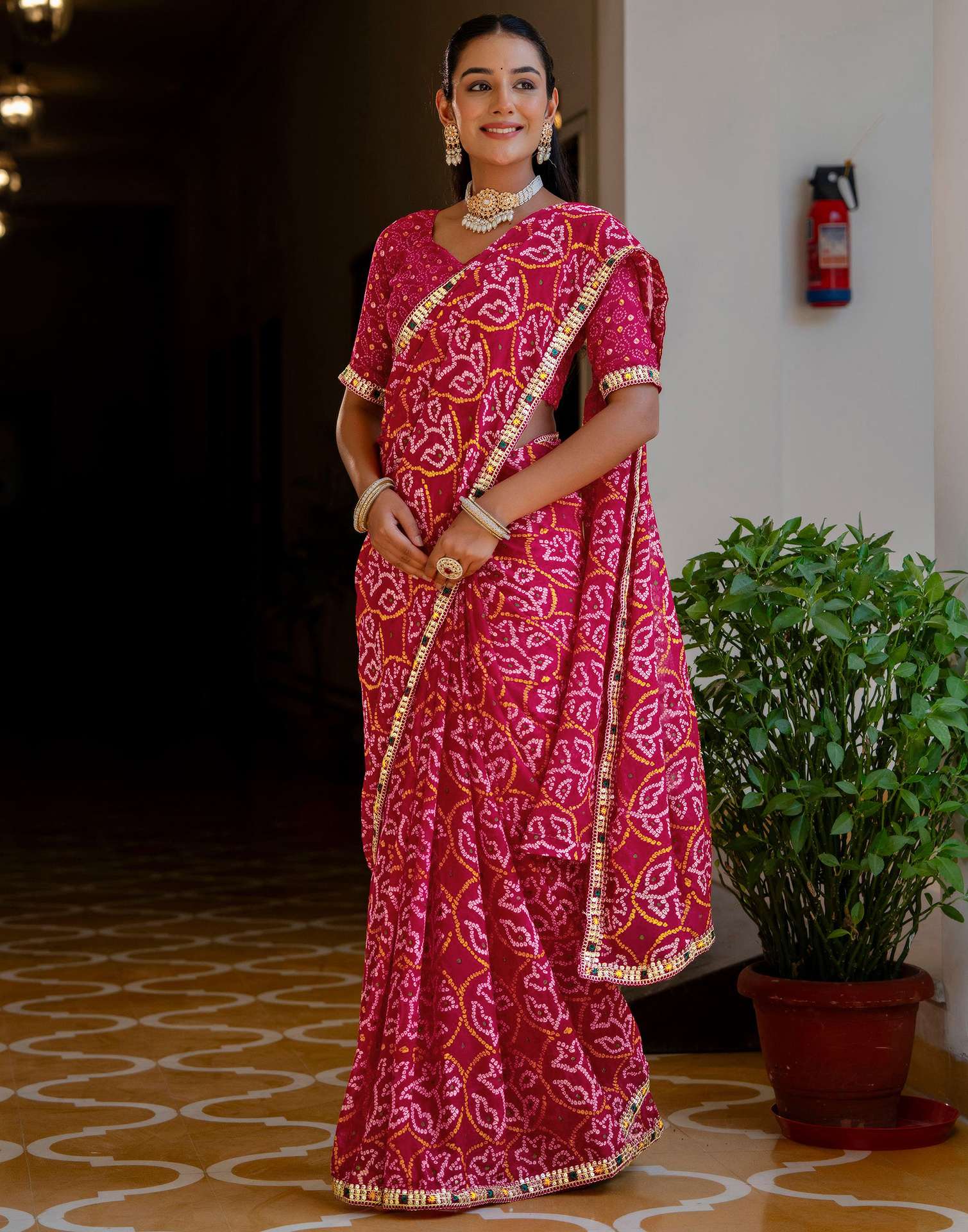 Pink Chiffon Bandhani Printed Lace Saree