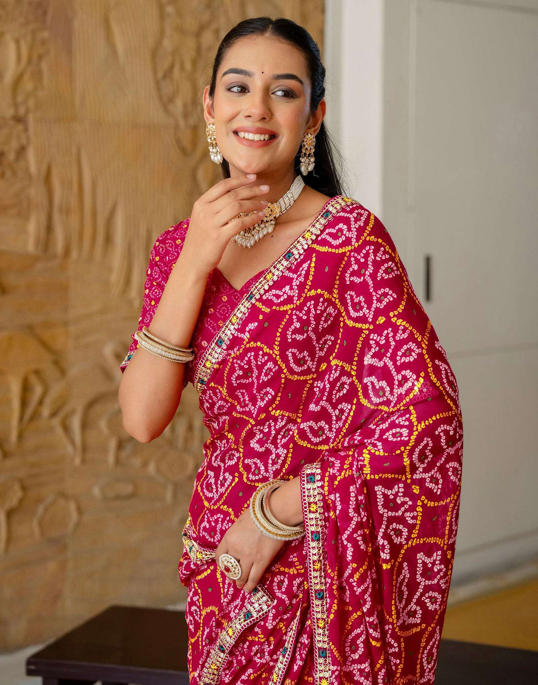 Pink Chiffon Bandhani Printed Lace Saree