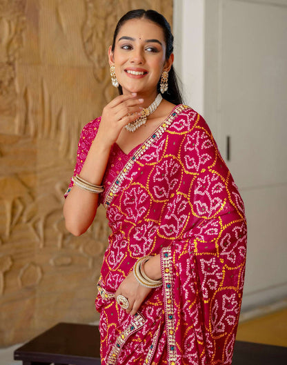Pink Chiffon Bandhani Printed Lace Saree