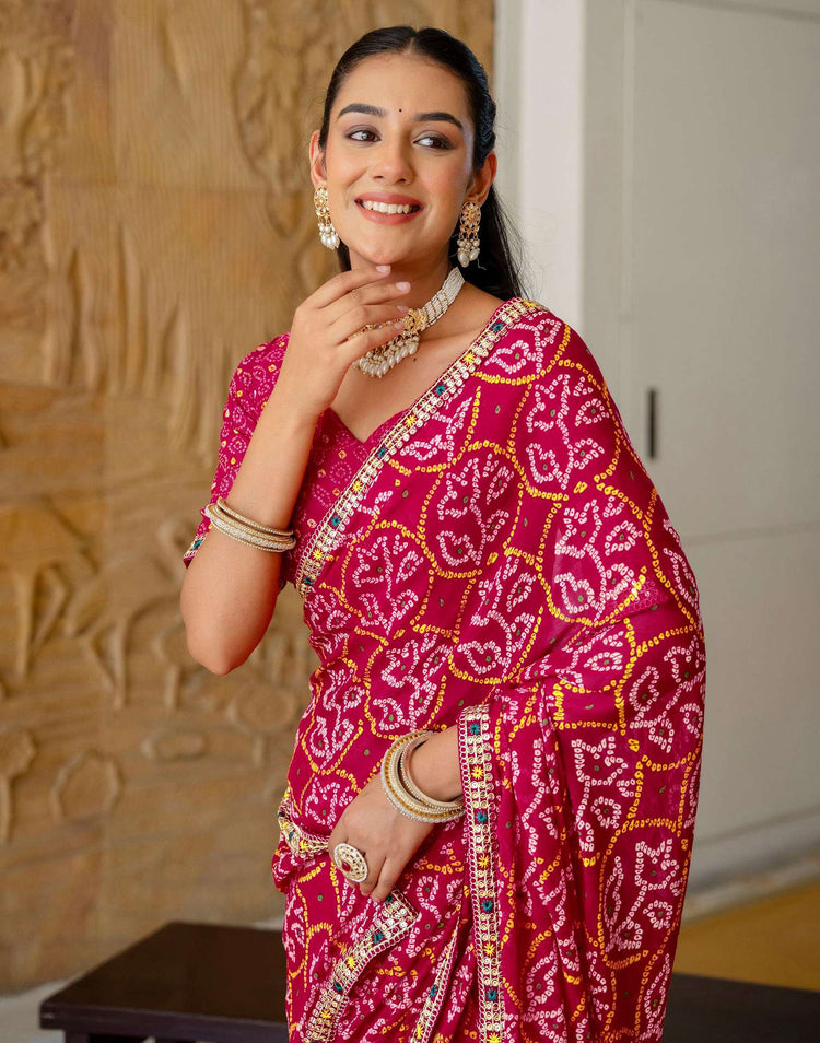 Pink Chiffon Bandhani Printed Lace Saree