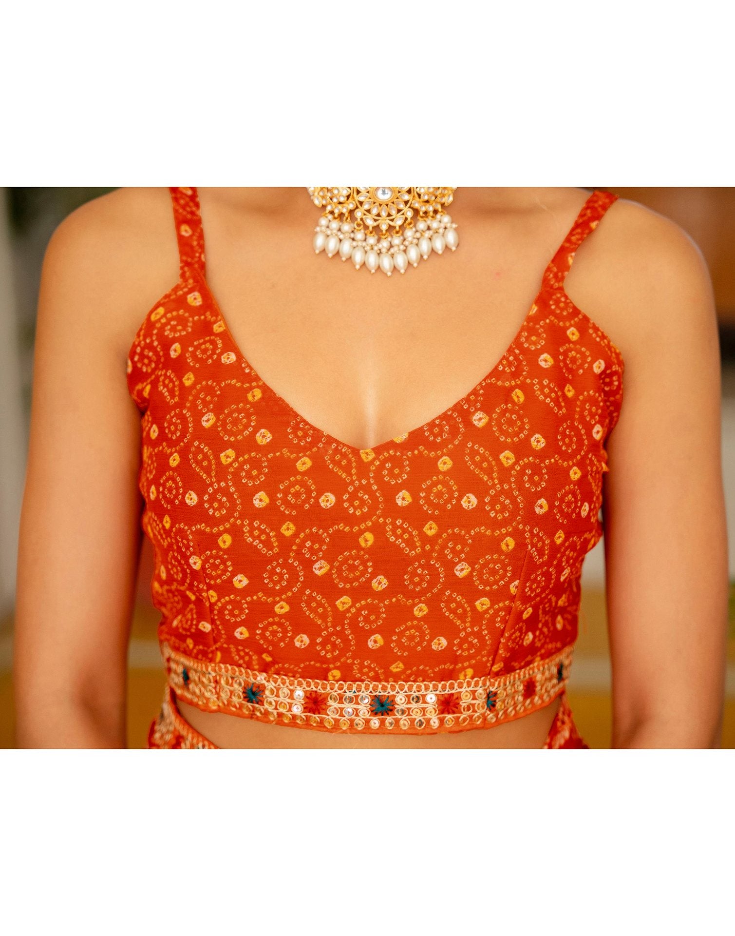 Orange Chiffon Bandhani Printed Lace Saree