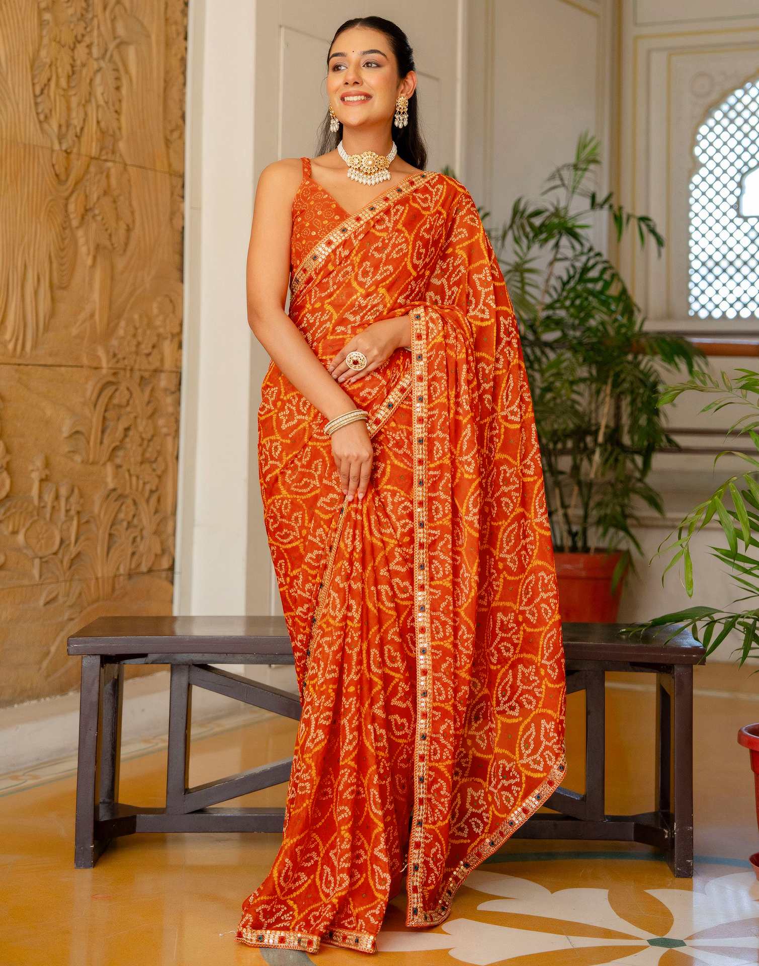 Orange Chiffon Bandhani Printed Lace Saree