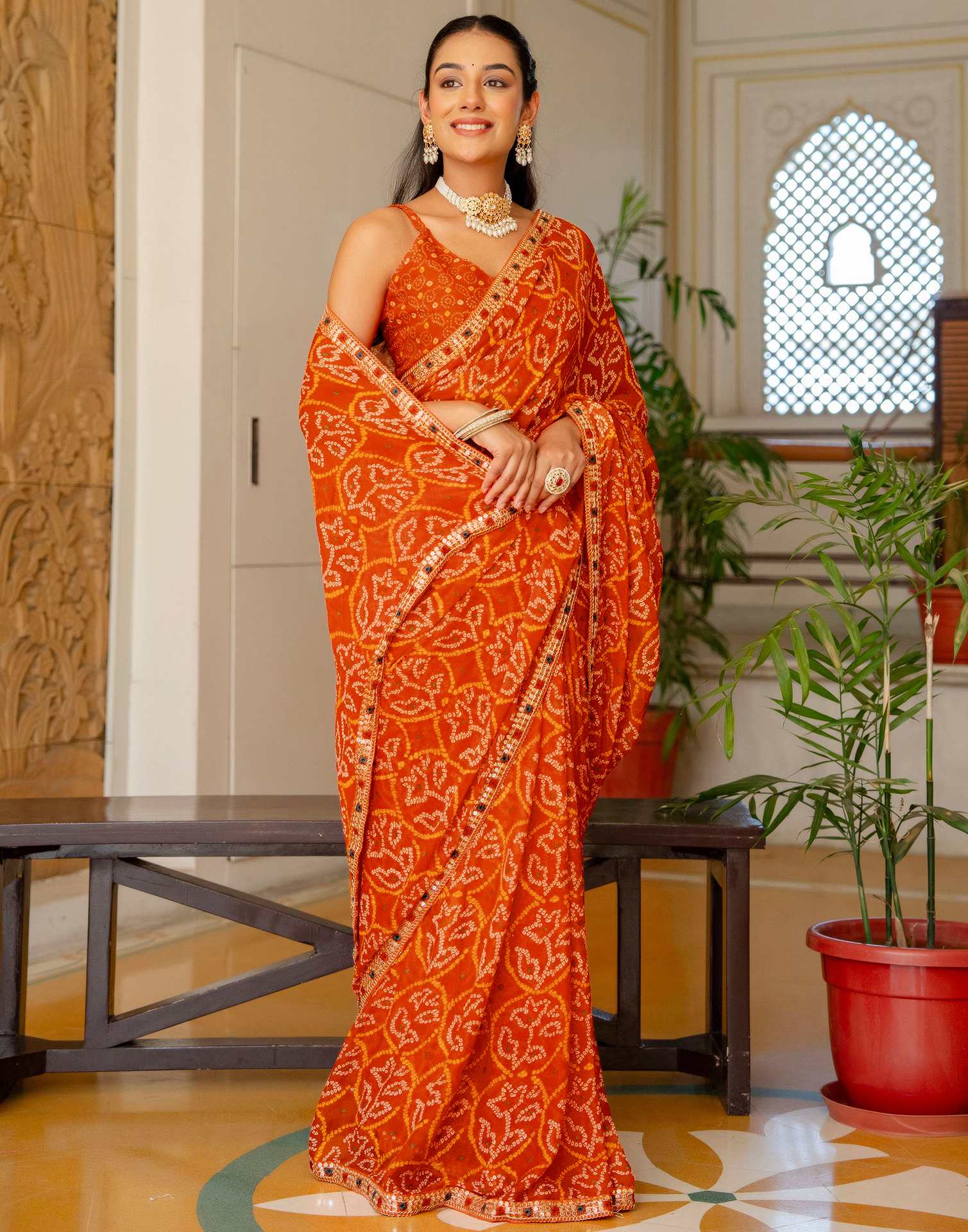 Orange Chiffon Bandhani Printed Lace Saree