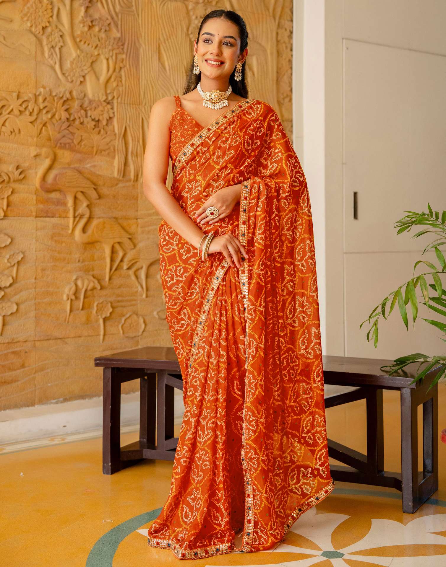 Orange Chiffon Bandhani Printed Lace Saree