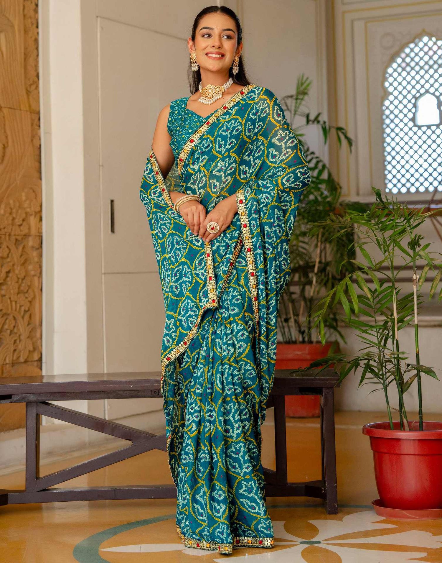 Dark Teal Blue Chiffon Bandhani Printed Lace Saree