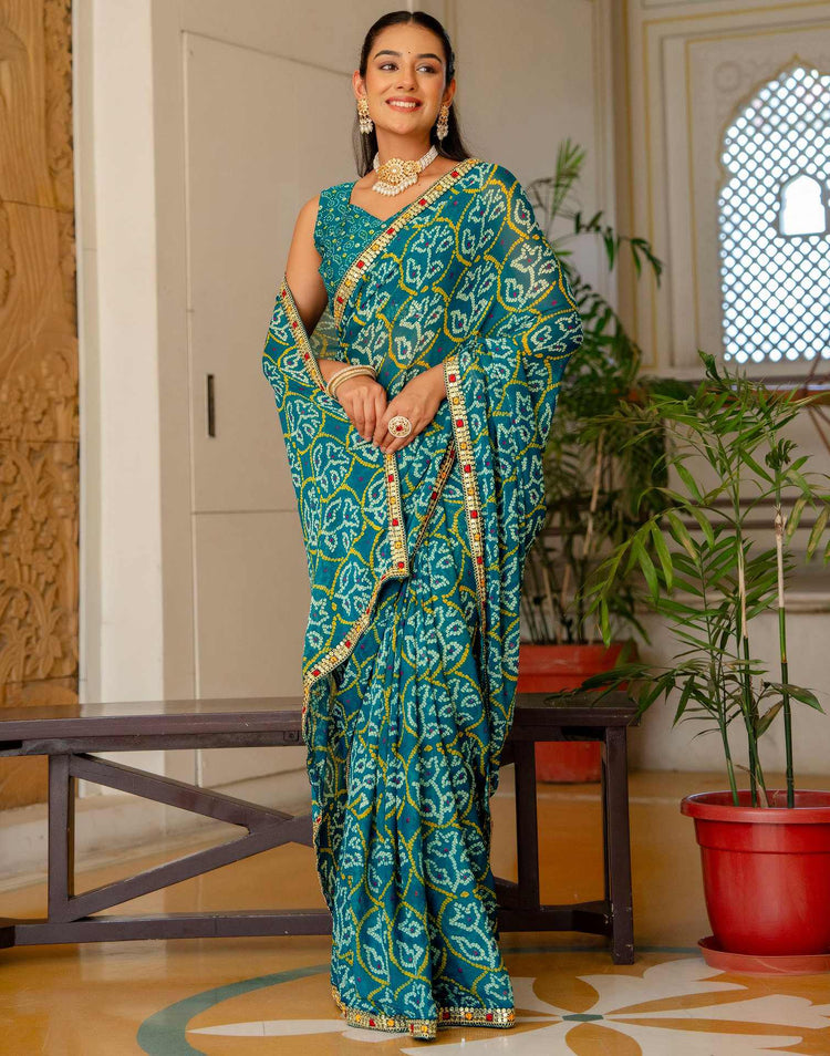 Dark Teal Blue Chiffon Bandhani Printed Lace Saree
