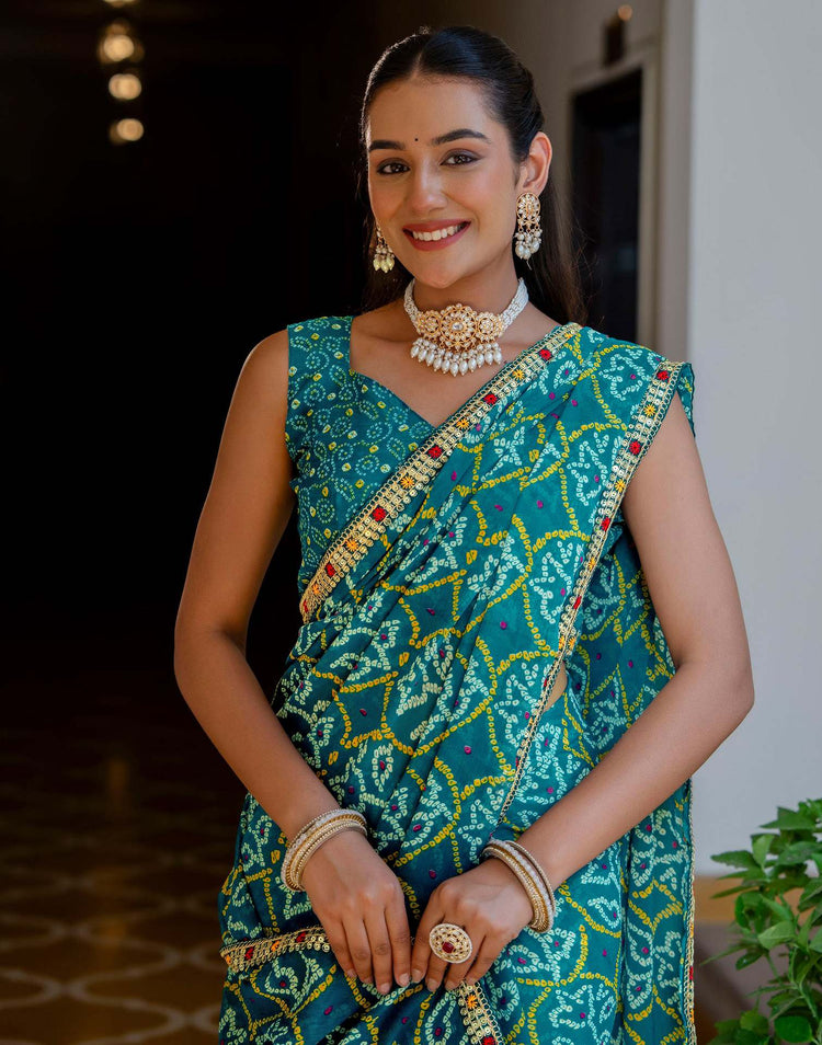 Dark Teal Blue Chiffon Bandhani Printed Lace Saree