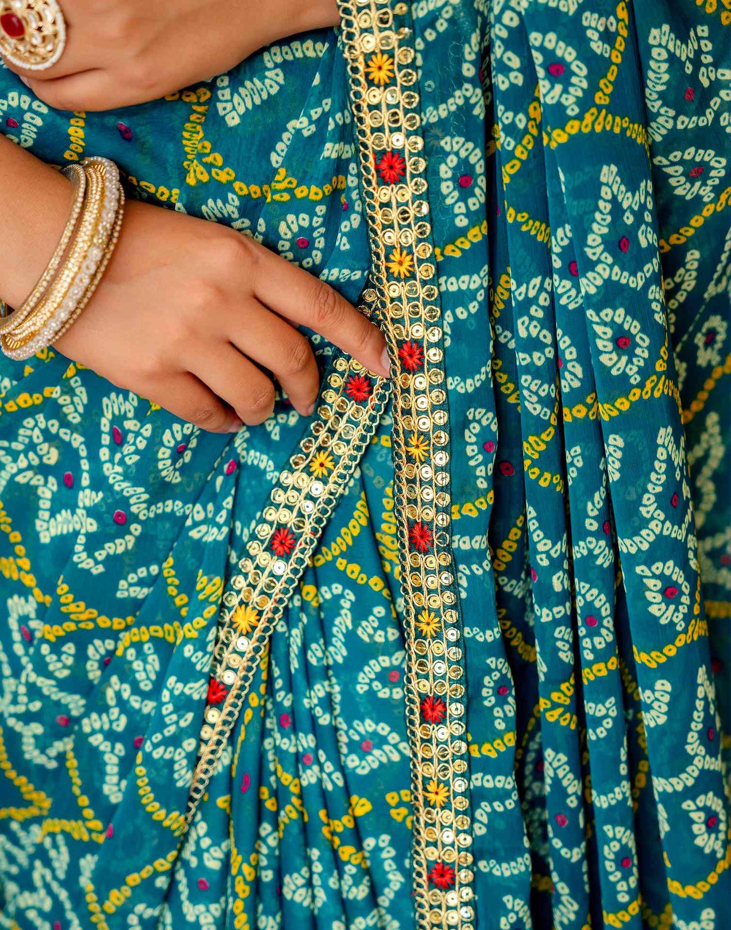 Dark Teal Blue Chiffon Bandhani Printed Lace Saree