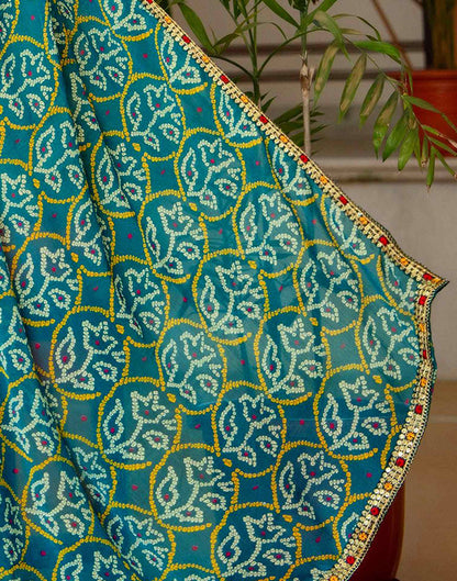 Dark Teal Blue Chiffon Bandhani Printed Lace Saree