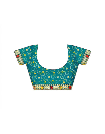 Dark Teal Blue Chiffon Bandhani Printed Lace Saree