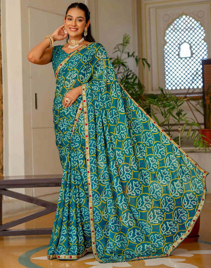 Dark Teal Blue Chiffon Bandhani Printed Lace Saree