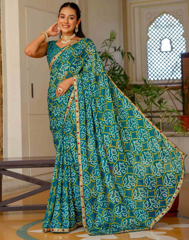 Dark Teal Blue Chiffon Bandhani Printed Lace Saree