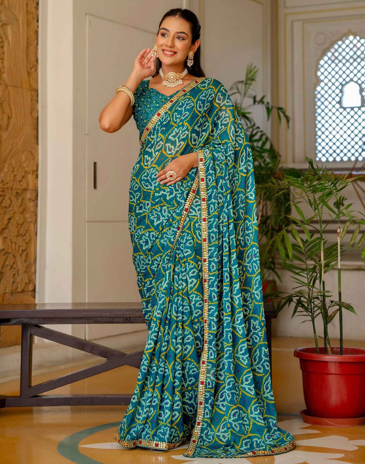 Dark Teal Blue Chiffon Bandhani Printed Lace Saree