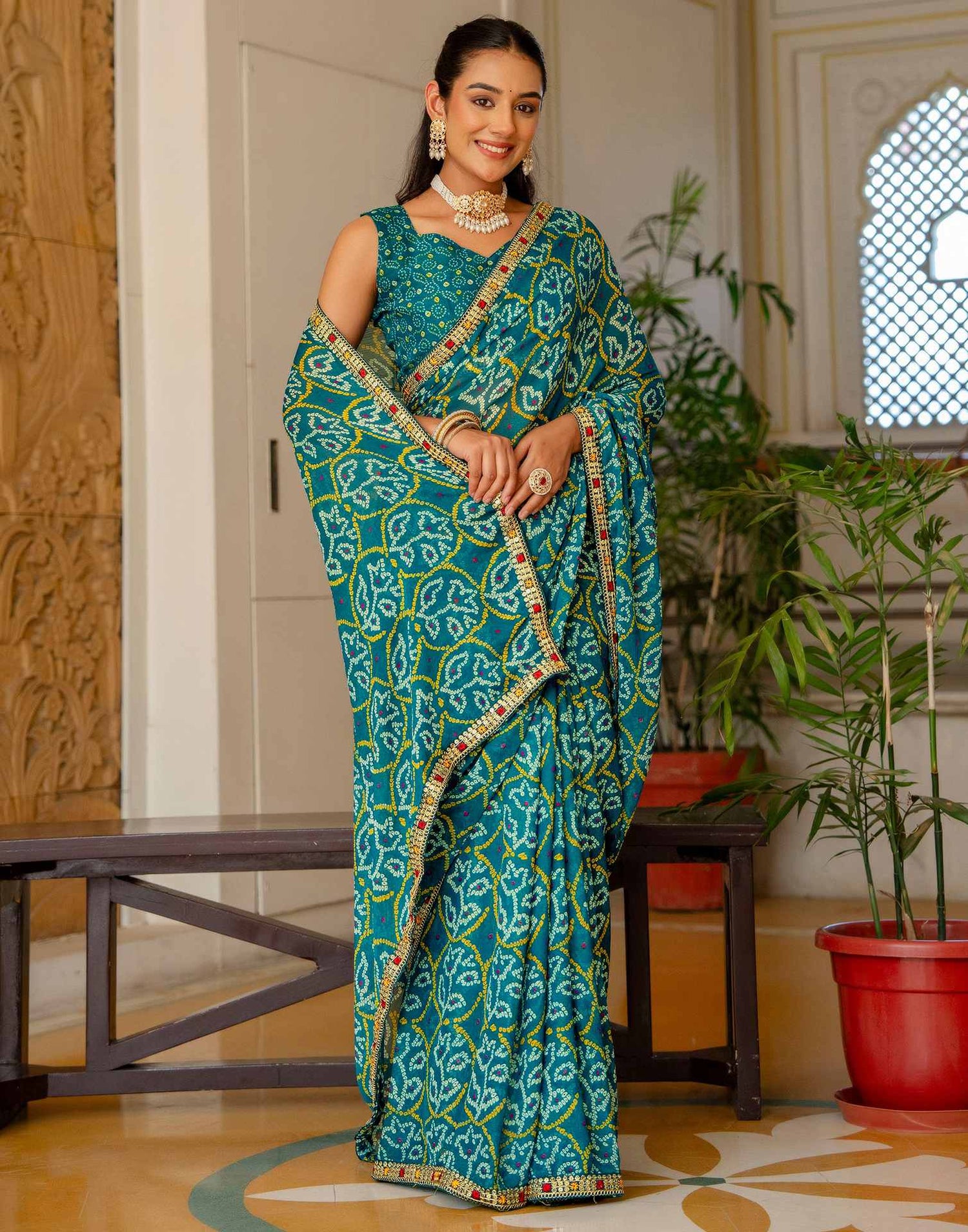 Dark Teal Blue Chiffon Bandhani Printed Lace Saree
