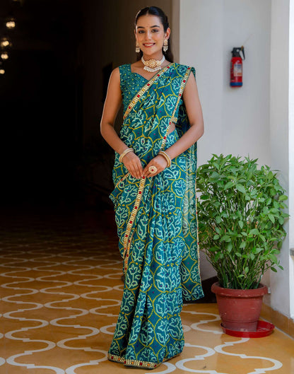 Dark Teal Blue Chiffon Bandhani Printed Lace Saree
