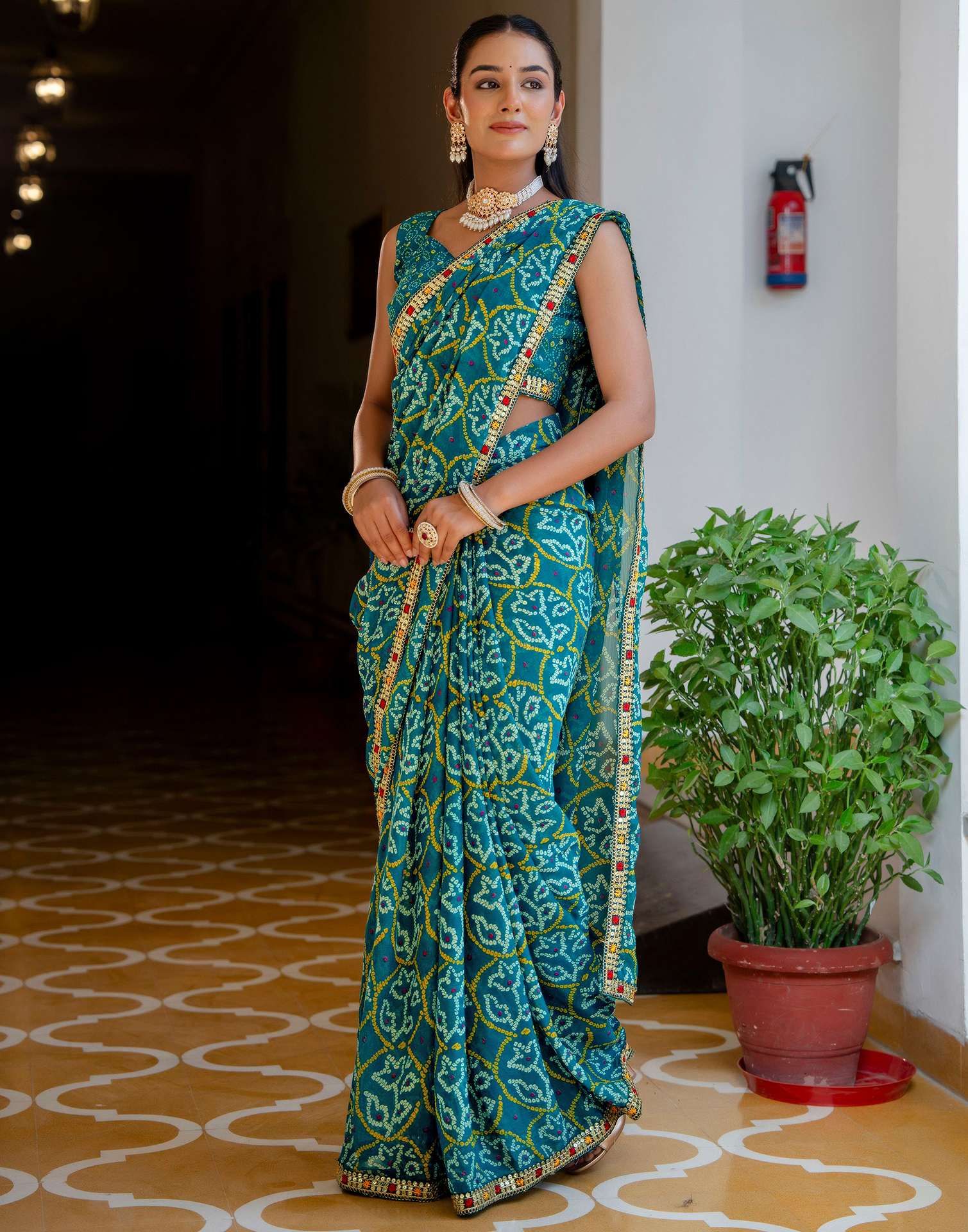 Dark Teal Blue Chiffon Bandhani Printed Lace Saree