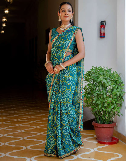Dark Teal Blue Chiffon Bandhani Printed Lace Saree