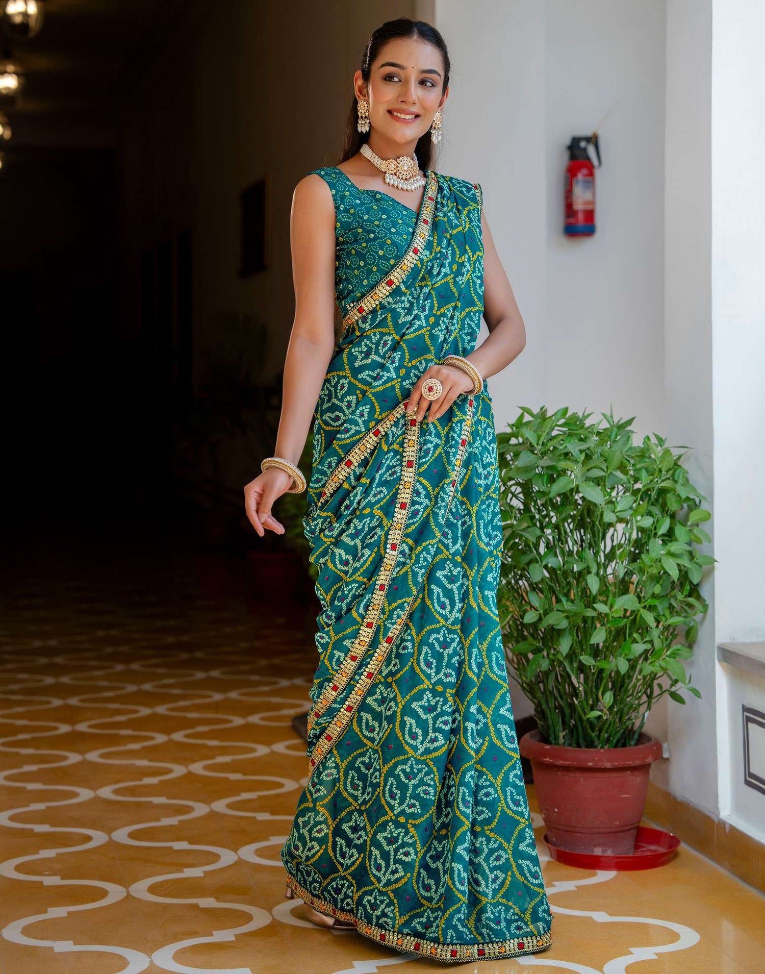 Dark Teal Blue Chiffon Bandhani Printed Lace Saree