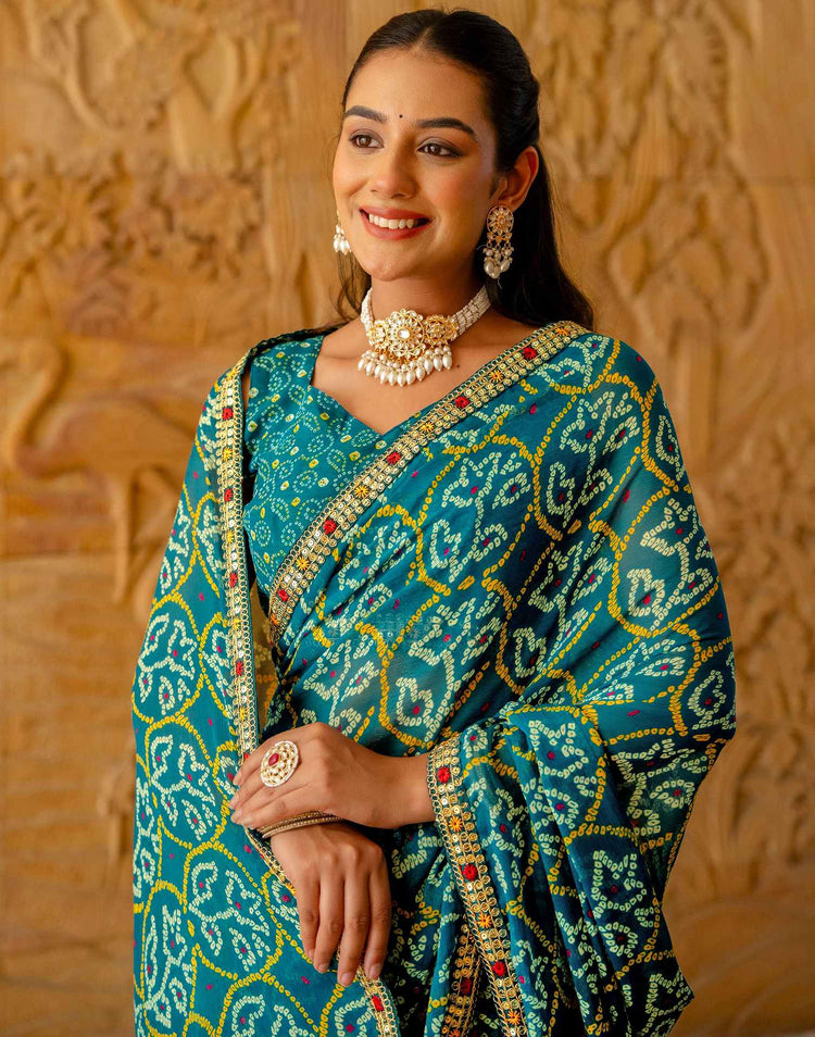 Dark Teal Blue Chiffon Bandhani Printed Lace Saree