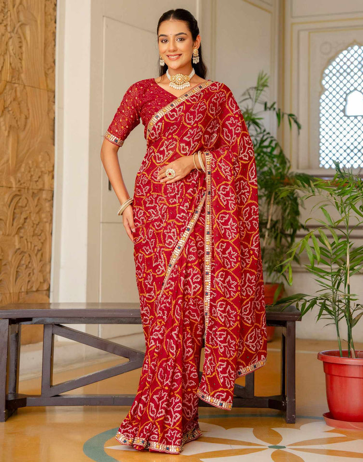 Red Chiffon Bandhani Printed Lace Saree