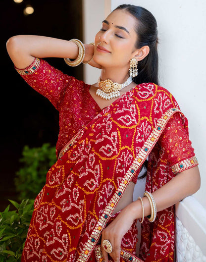 Red Chiffon Bandhani Printed Lace Saree
