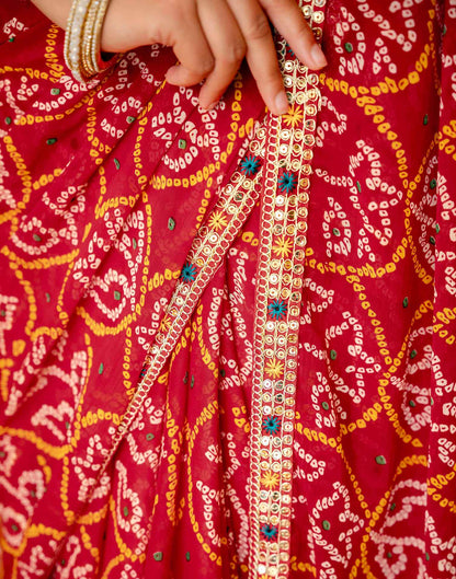Red Chiffon Bandhani Printed Lace Saree