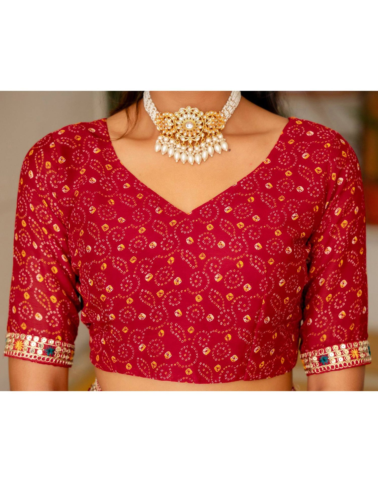 Red Chiffon Bandhani Printed Lace Saree