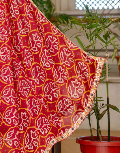 Red Chiffon Bandhani Printed Lace Saree