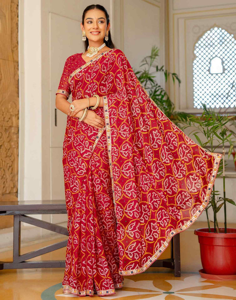 Red Chiffon Bandhani Printed Lace Saree