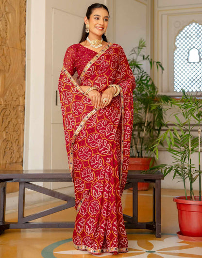 Red Chiffon Bandhani Printed Lace Saree