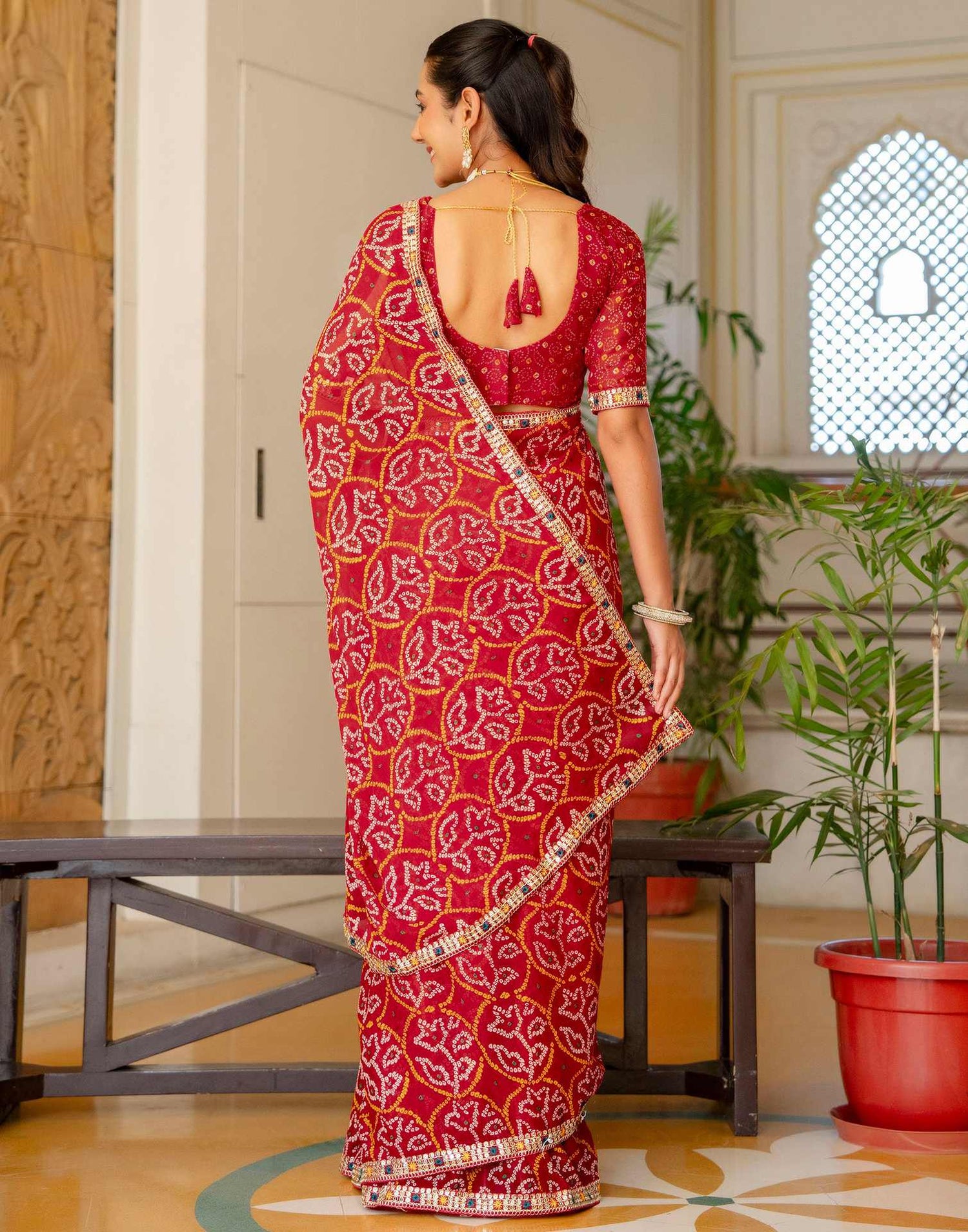 Red Chiffon Bandhani Printed Lace Saree