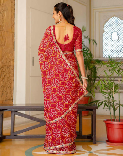 Red Chiffon Bandhani Printed Lace Saree