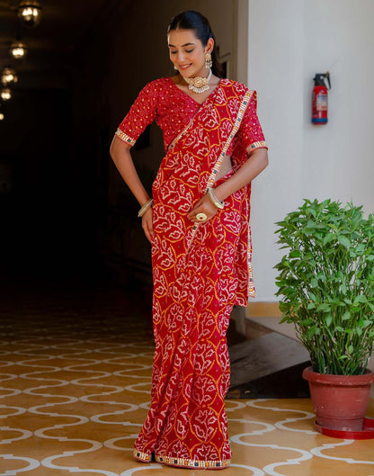 Red Chiffon Bandhani Printed Lace Saree