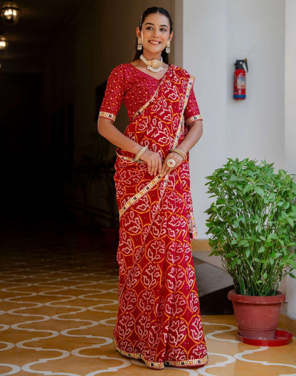 Red Chiffon Bandhani Printed Lace Saree
