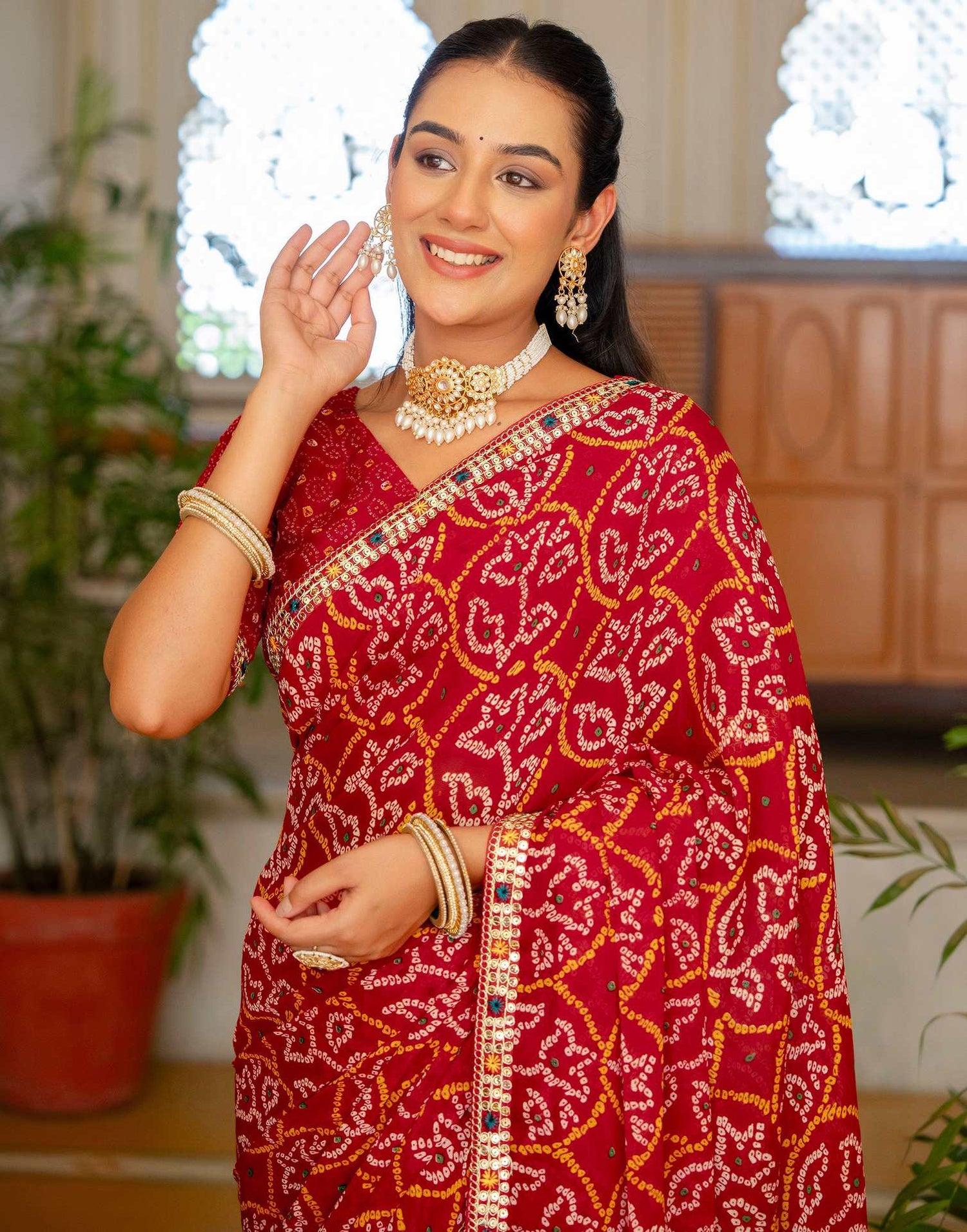 Red Chiffon Bandhani Printed Lace Saree