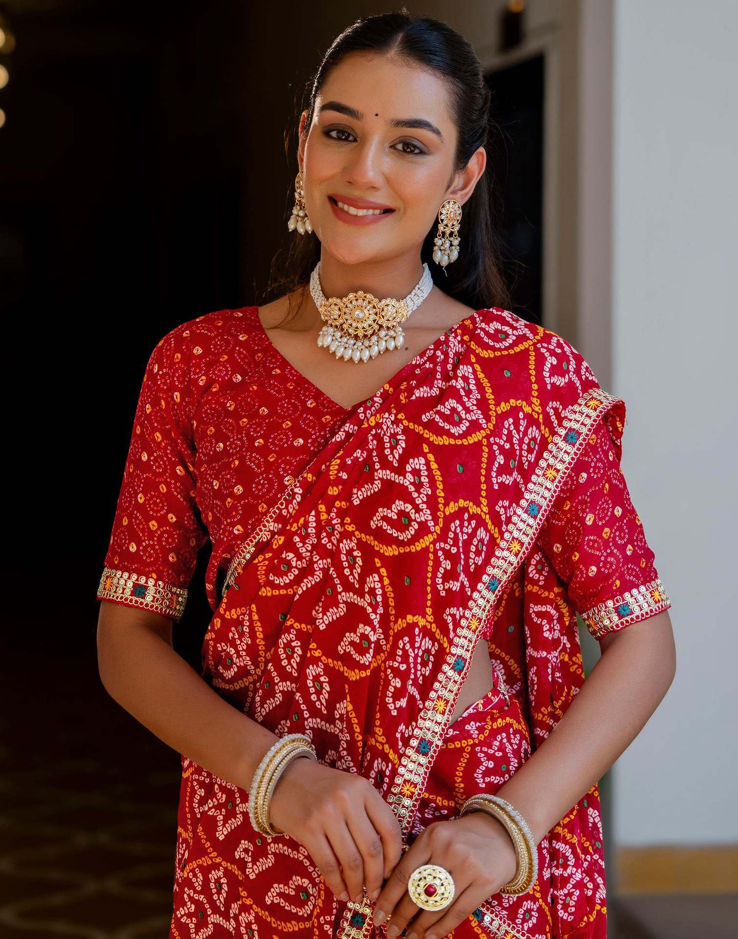 Red Chiffon Bandhani Printed Lace Saree