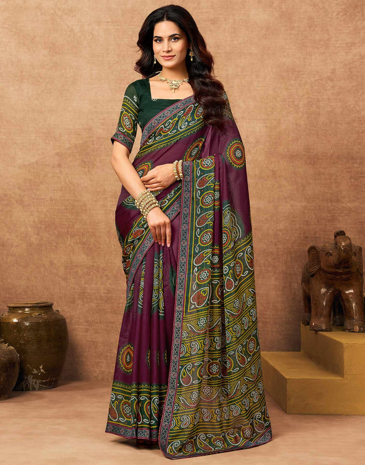 Magenta Georgette Bandhani Printed Lace Saree