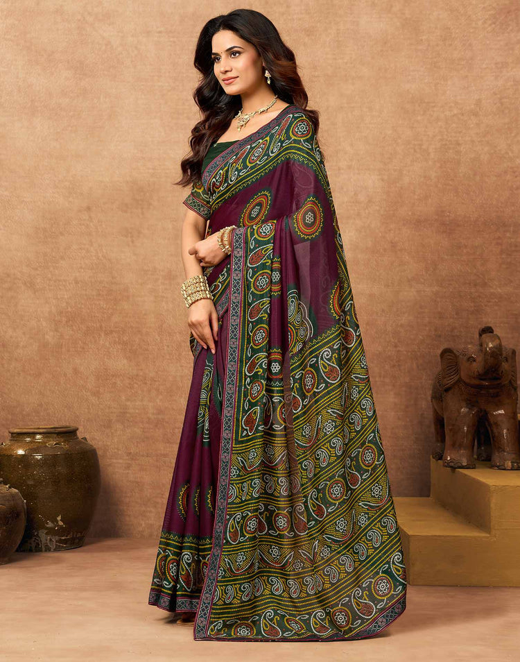 Magenta Georgette Bandhani Printed Lace Saree
