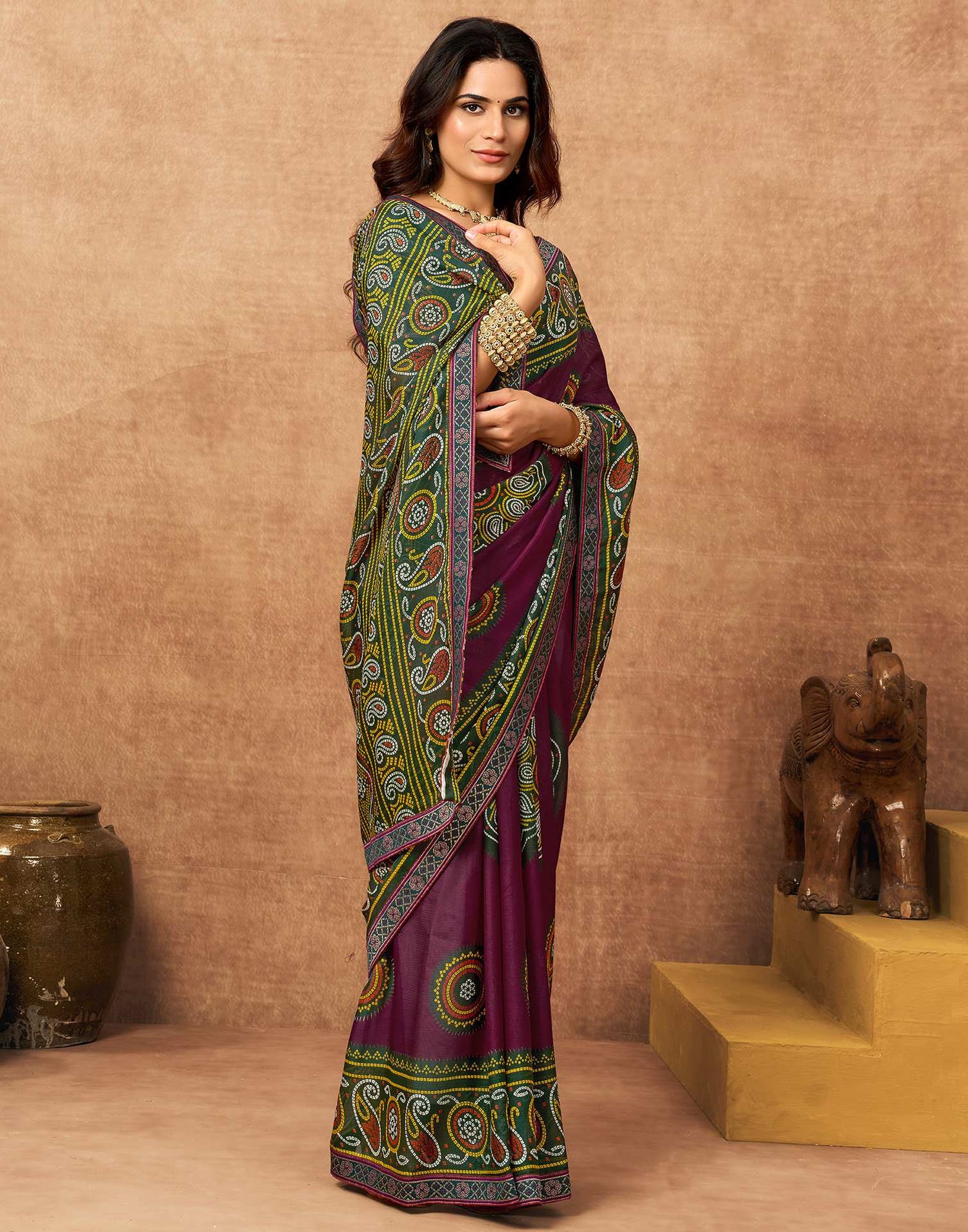 Magenta Georgette Bandhani Printed Lace Saree