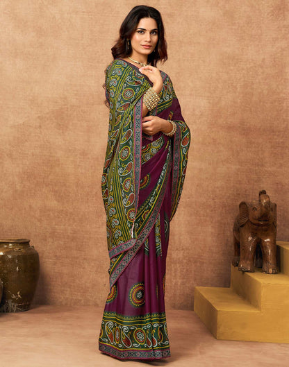 Magenta Georgette Bandhani Printed Lace Saree