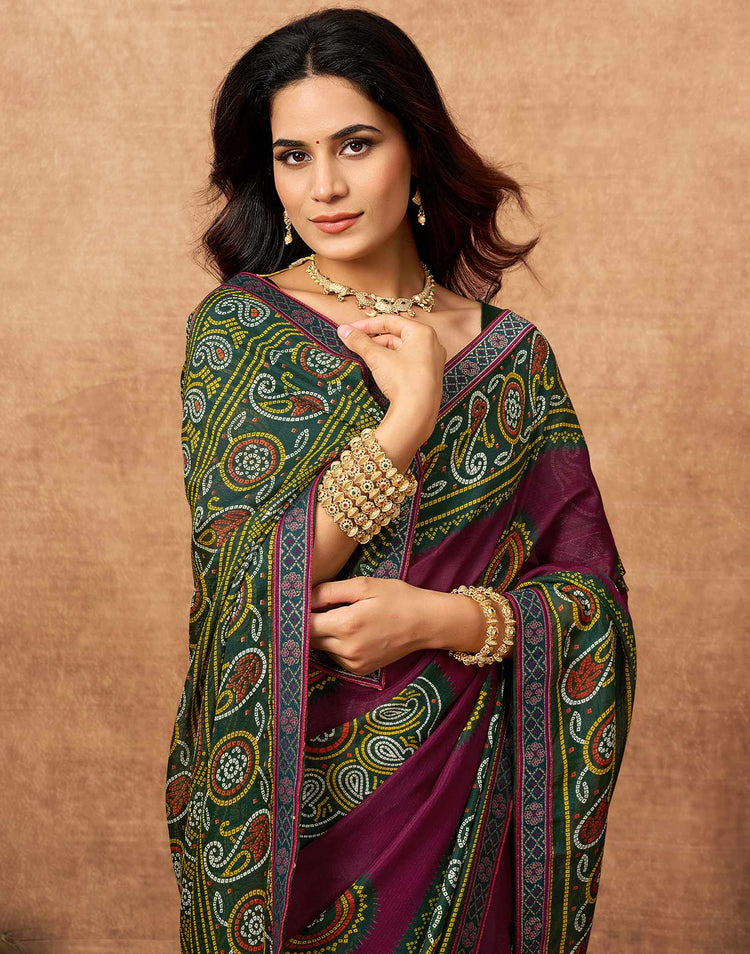 Magenta Georgette Bandhani Printed Lace Saree