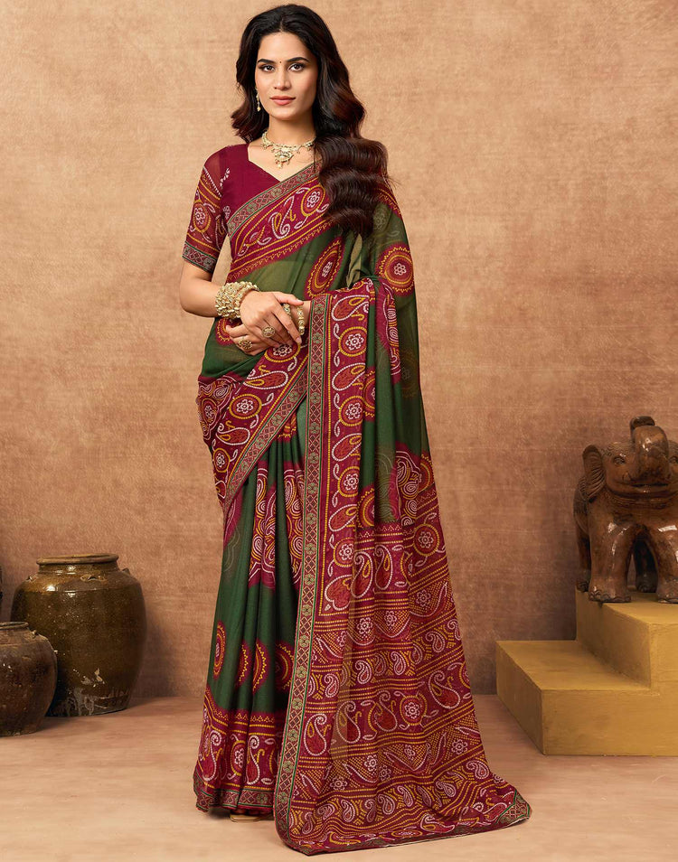 Maroon Georgette Bandhani Printed Lace Saree