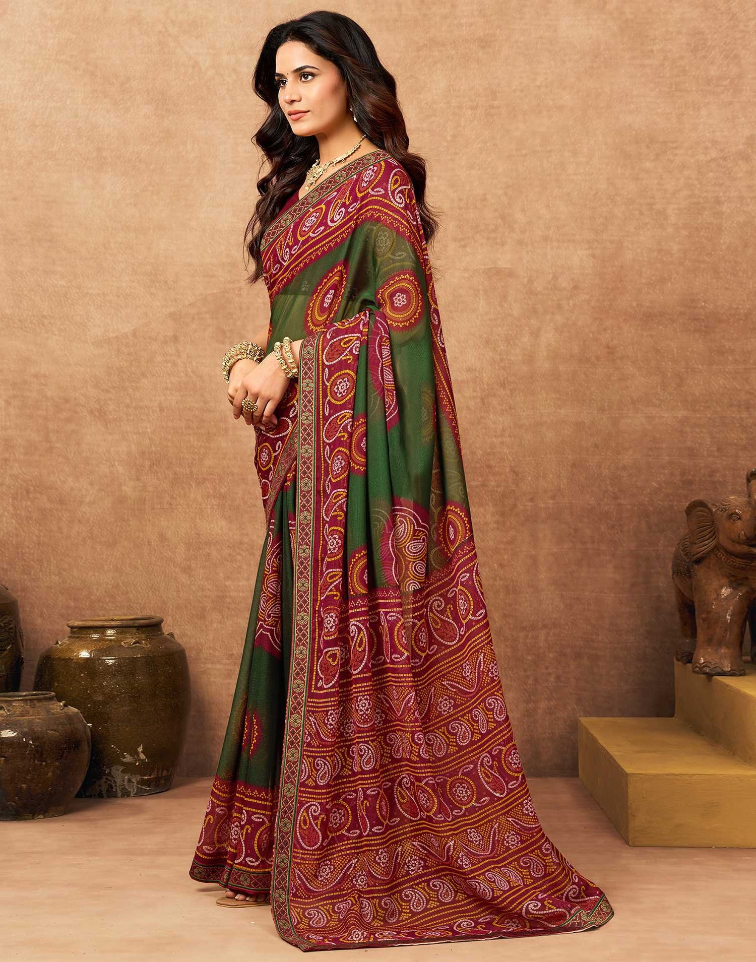 Maroon Georgette Bandhani Printed Lace Saree