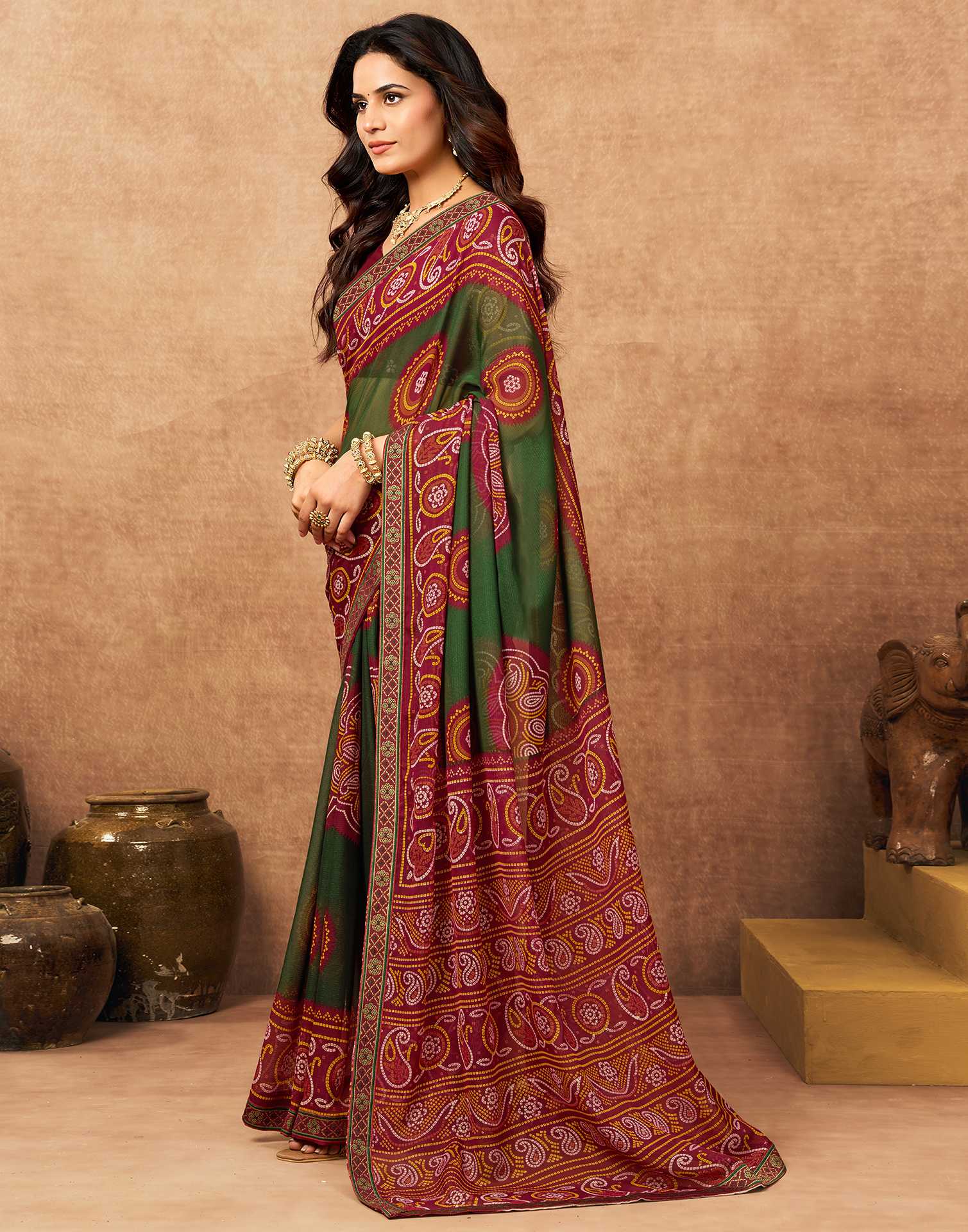 Maroon Georgette Bandhani Printed Lace Saree