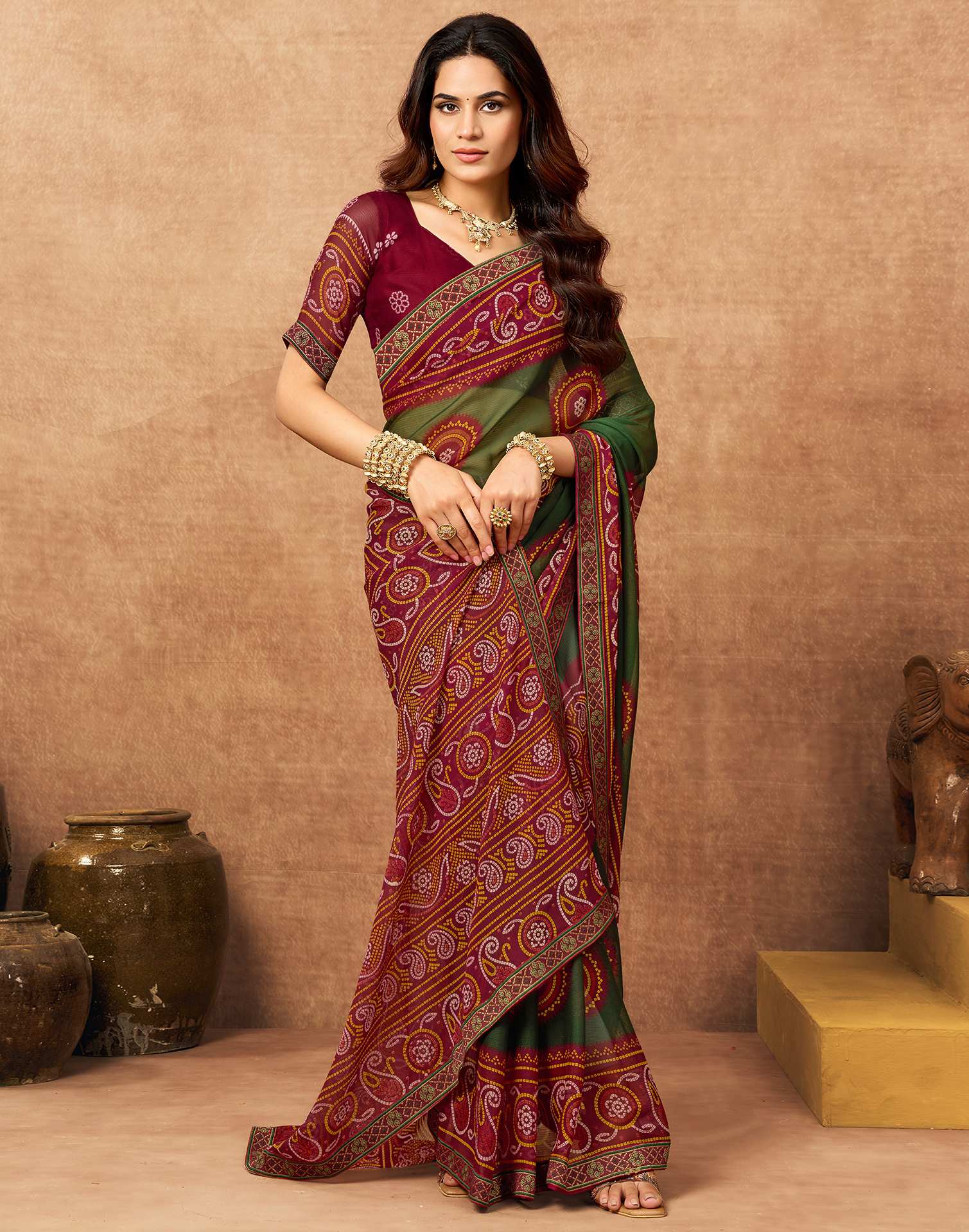 Maroon Georgette Bandhani Printed Lace Saree