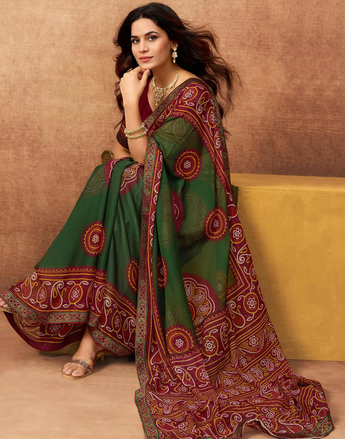 Maroon Georgette Bandhani Printed Lace Saree