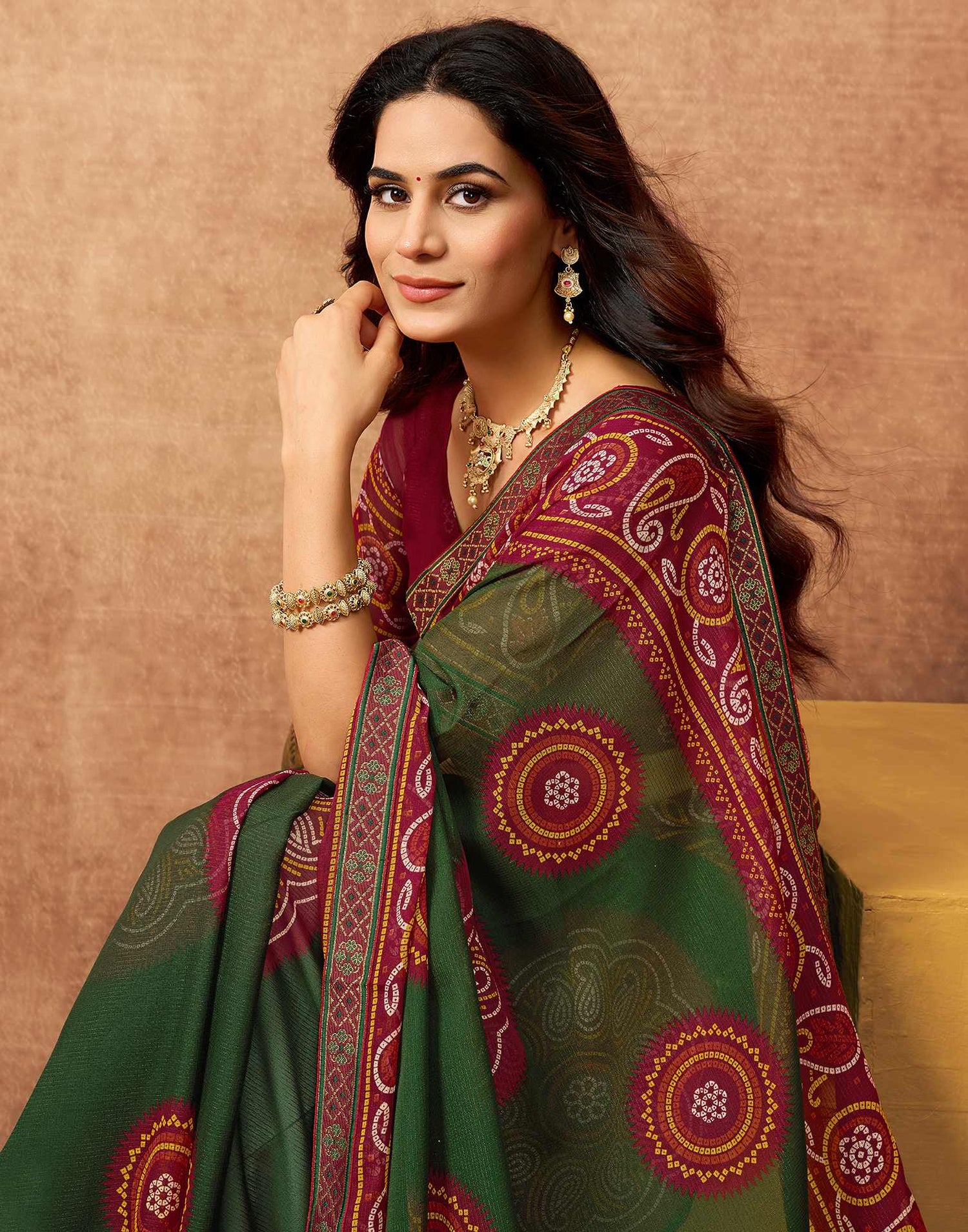 Maroon Georgette Bandhani Printed Lace Saree