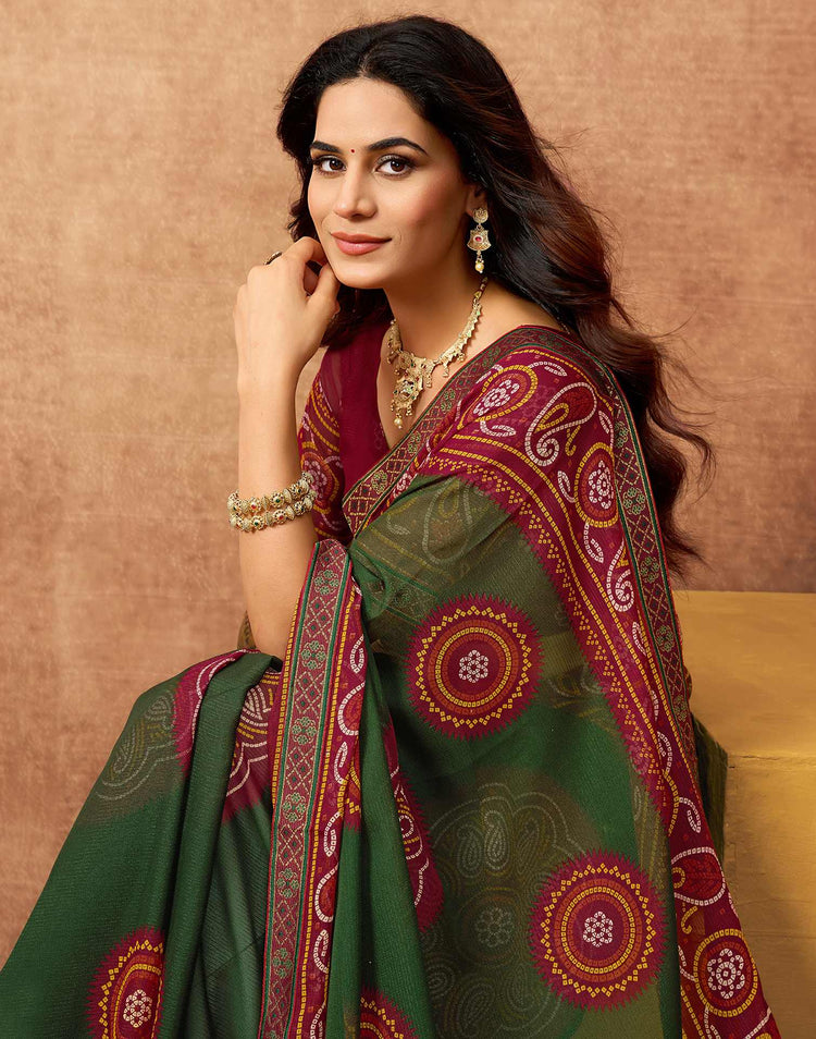 Maroon Georgette Bandhani Printed Lace Saree